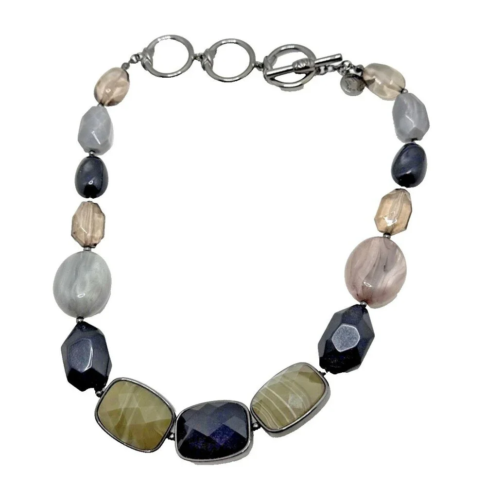 Jones New York JNY Chunky Bead Choker Necklace Olive Black Gray Statement 17-19